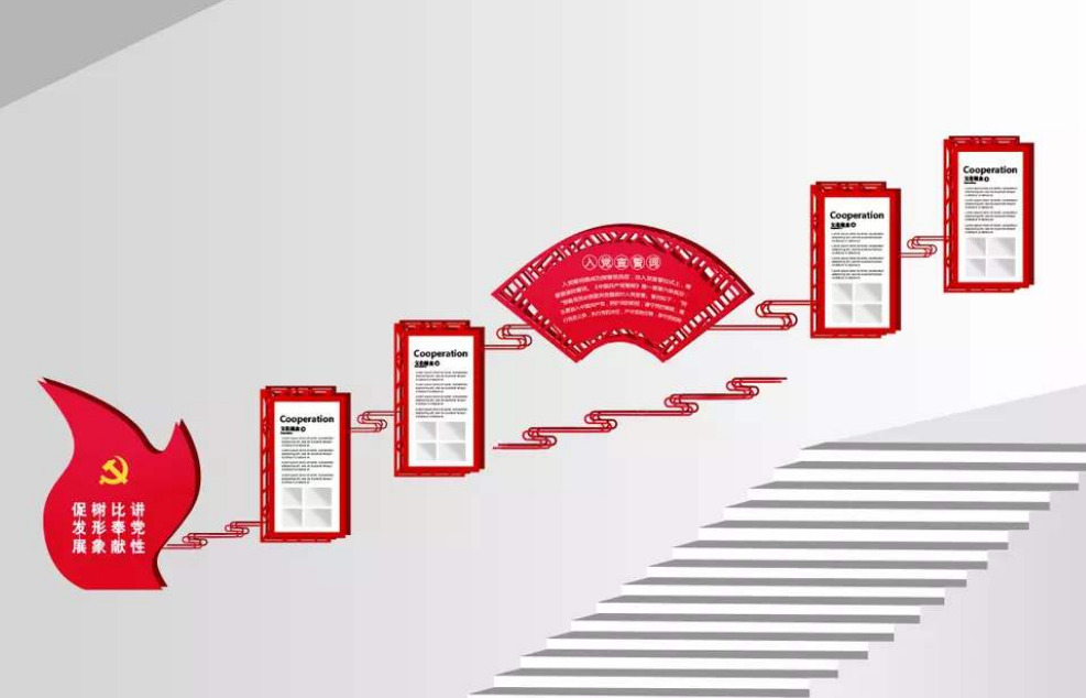 古典十九大不忘初心樓梯黨建文化墻3d效果圖